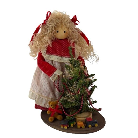 Vintage Handmade Christmas Doll with Tree Teddy Bear Train Holiday Display - Picture 1 of 14